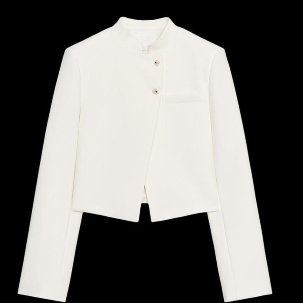 Zara White Ecru Asymmetric Cropped Padded Shoulder Jacket